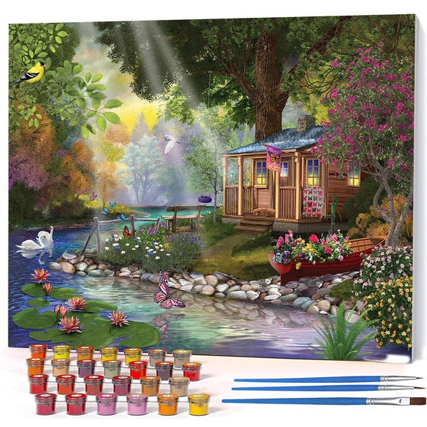 （Butterfly Lake）FIYO Diy Oil Paint by Numbers Kits for Adults and Kids Beginner on Canvas Fashion Oil Painting Wall Art for Gift( No Frame )