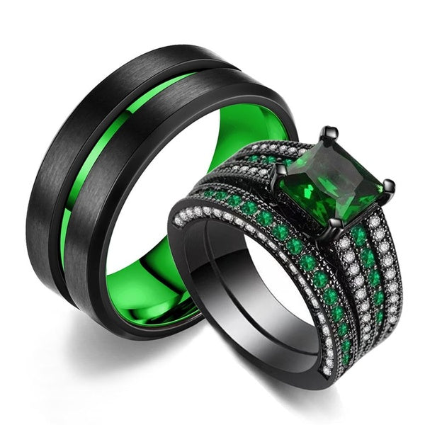 Charme Couple Anneaux Romantique Vert Strass Femmes Anneaux À La Mode Hommes En Acier Inoxydable Anneaux De Mode Bijoux Diamant Anneaux Pour Amant