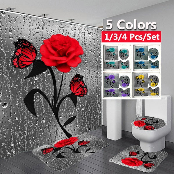 3D Printing Butterfly Rose Pattern Bathroom Decor Waterproof Bathroom Shower Curtain set Mats Rugs Set Non-Slip Bathroom Carpets Toilet Lid Cover Flo