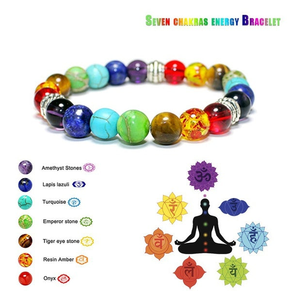 Multicolor Natural Repair Stone Beaded Bracelet 7 Chakra Bracelet Yoga Life Energy Bracelet Men and Women Charm Jewelry
