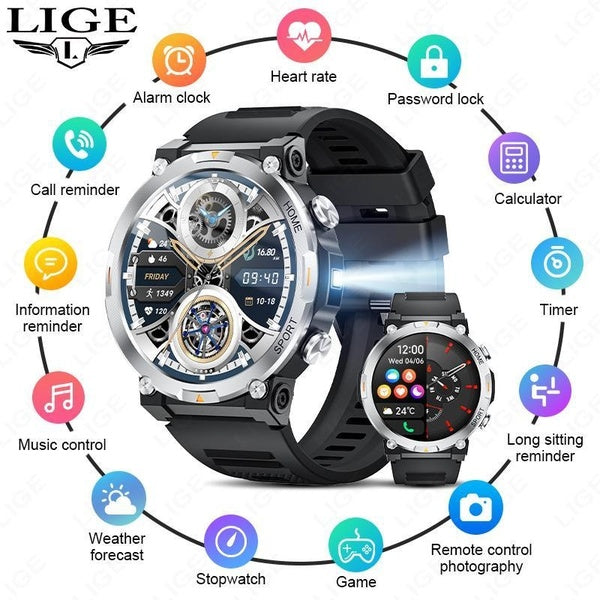 LIGE Outdoor 100+ Sport Smartwatch Bluetooth Call Fitness Montres avec lampe de poche LED Montre-bracelet noire Nouveaux hommes Bracelet intelligent