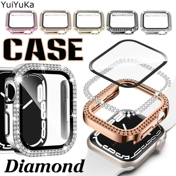 YuiYuKa Diamond PC Case with Tempered Glass for Smart Watch Series 9 8 7 41mm 45mm 6 SE 40mm 44mm 38mm 42mm,Women Accessories Cover +Screen Protector