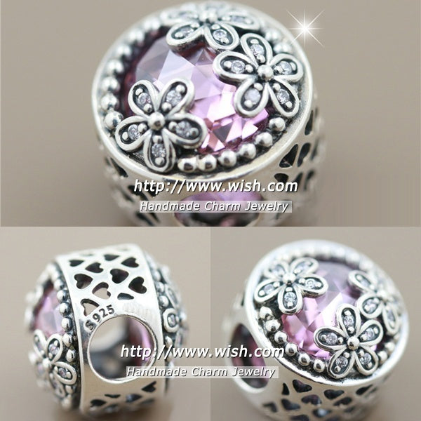 100% 925 Silver DIY Jewelry Shining Daisies Pink CZ Trendy Pendant Charms Fit European Beads Bracelets Necklace