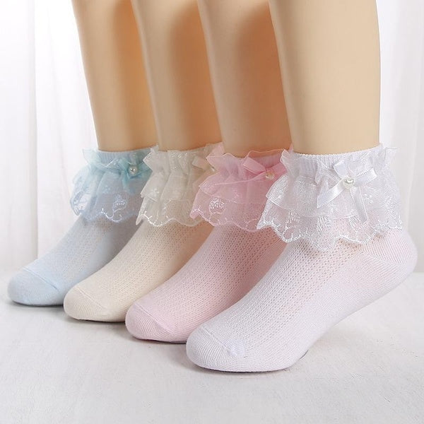 4 Pairs Girls Lace Ruffle Frilly Princess Socks School Socks
