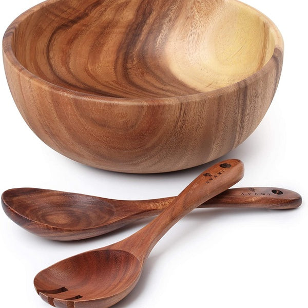 Acacia wood high quality salad bowl suitable for salads fruits pasta cereals snacks and other food with beautiful serving set spoon and fork