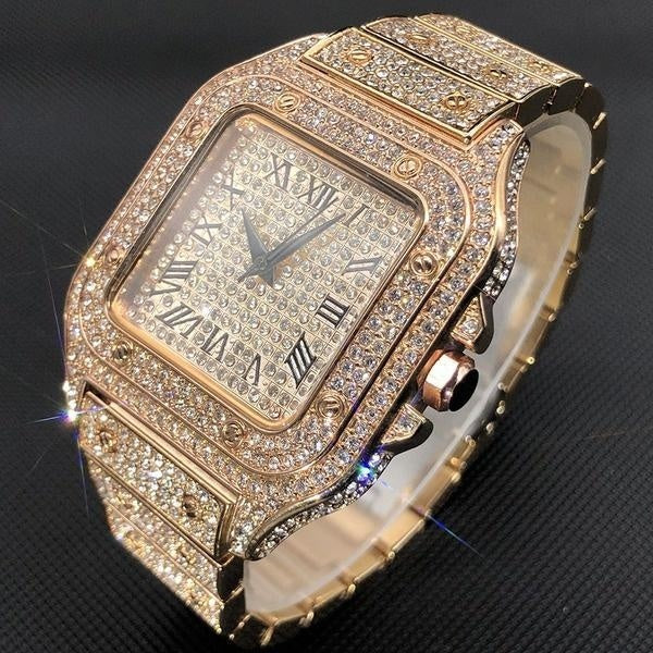 Montre carrée de luxe avec diamants glacés montres à quartz ultra minces pour hommes femmes bijoux Hip Hop
