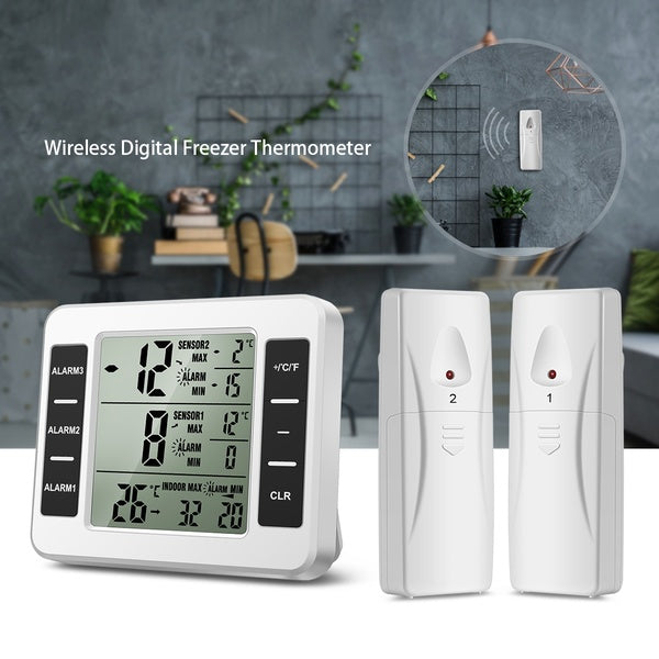 Refrigerator Thermometer, Wireless Digital Freezer Thermometer with 2 Wireless Sensors, Audible Alarm, Min and Max Record, LCD Display for Home, Rest
