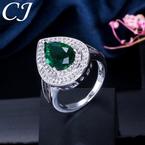 CANDICE Bague de mariage de haute qualité pour femme, bijoux incrustés à la main, grande goutte d'eau verte, pierre de zircone cubique, placage d'arg