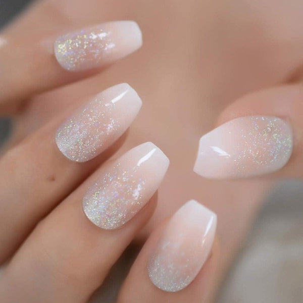 24pcs False nails Glitter Nude Ombre Ballerina Press On Nail Glossy Detachable Medium Length French Acrylic Nails For Women & Girls Daily Wear