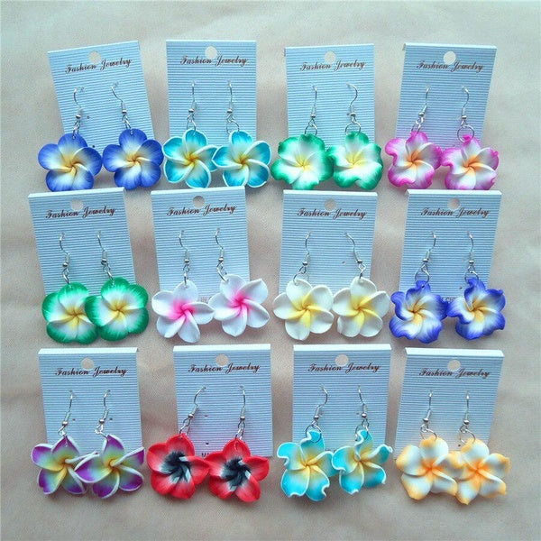 12 paires-lot 3cm argile polymère hawaïen Plumeria fleurs boucles d'oreilles mixte pendantes goutte frangipanier boucles d'oreilles pour femmes bijou