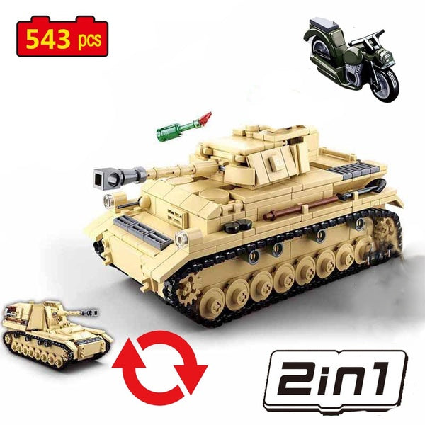Military series World war Panzerkampfwagen IV German 2-in-1 tank mini combat motorcycle DIY Model Building Blocks Toys