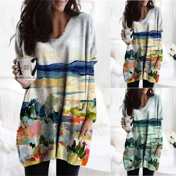 Women Fashion V Collar Long Sleeve Shirt Plus Size Oil Painting Printed Loose Blouses Autumn and Winter Casual Pullover Tops with Pocket