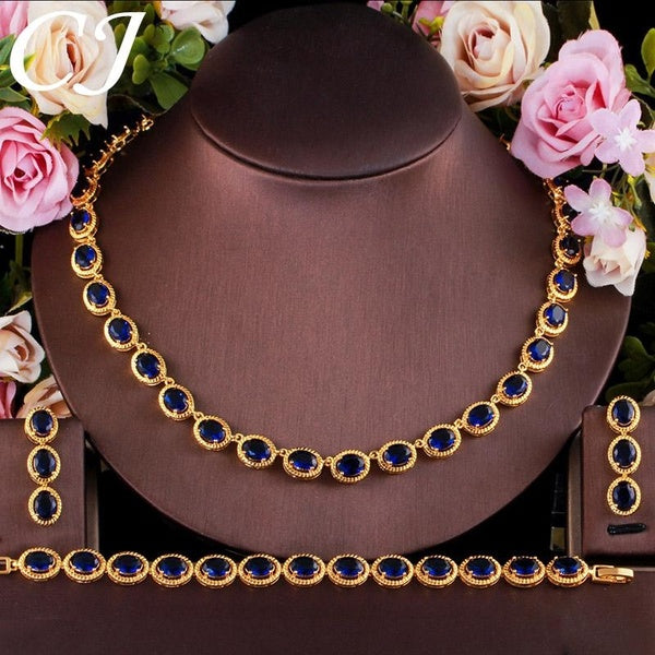 CANDICE Noble Gold Color Banquet Jewelry Set Inalid Oval Blue AAAAAA Cubic Zirconia Stones Women Choker Necklace Drop Earrings Bracelet Sets for Dinn