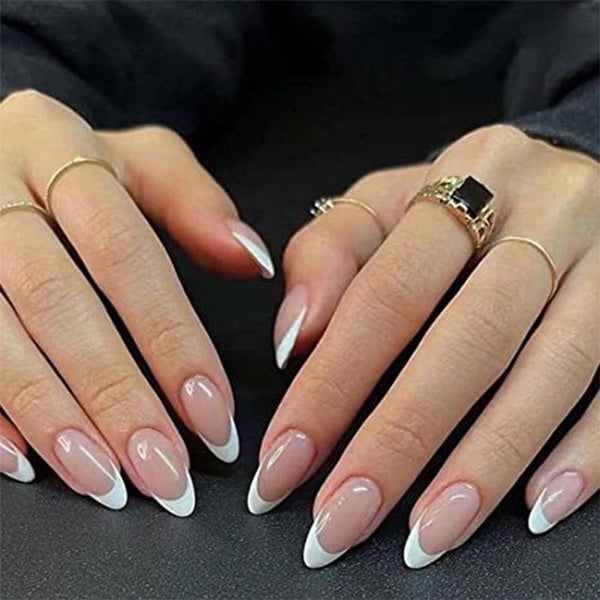 White Crescent Fake Nails With Glue Black French Pearl Press On Fake Nails Frosted Line False Nails Simple Love Heart Acrylic Nails for Women