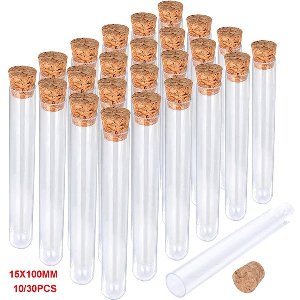 10 pièces-30 pièces tubes à essai en plastique transparent avec bouchons en liège, 15x100 mm 10 ml, bonne étanchéité pour bijoux en perles de rocaill