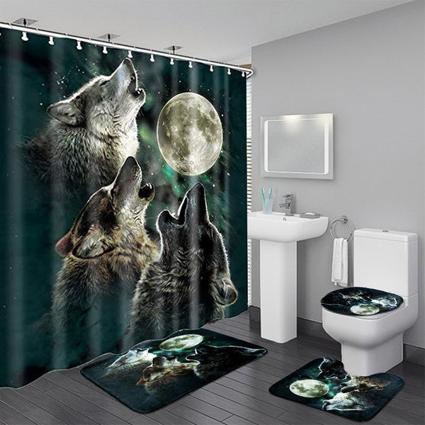 4-3-1 Pcs Bathroom Decor Full Moon Night of Wolf Cool Bathroom Set Waterproof Shower Curtain Non-Slip Toilet Mat Rugs Set