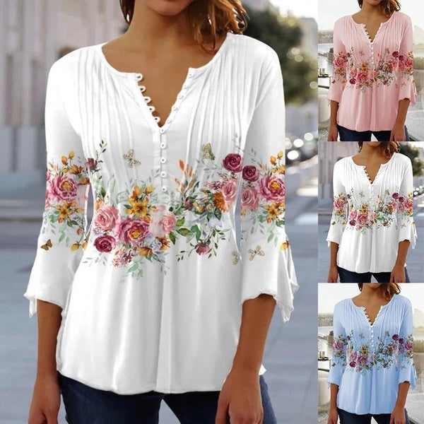 Women's Long Sleeve V-Neck Loose Blouses Floral Printed Casual Shirts Comfortable Plus Size Top S-5XL