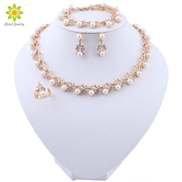 Luxury Gold Plated Necklace Earring Sets Imitation Pearl Jewelry Sets for Brides Gift for Women Wedding Party Indian Jewellery