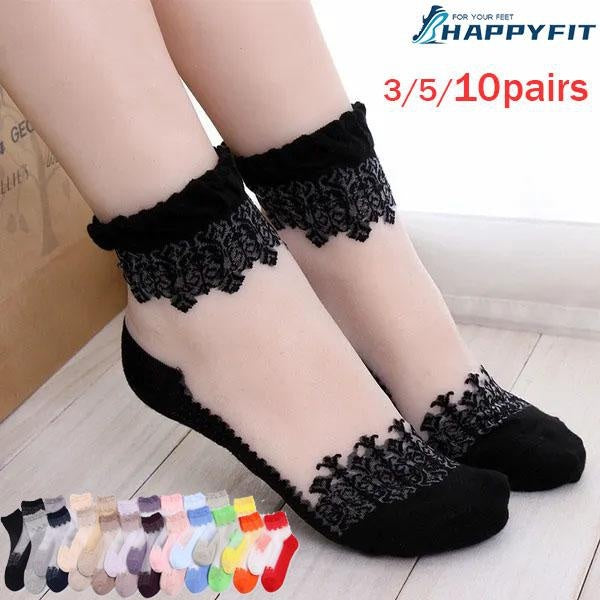 HAPPYFIT 21 Colors Summer Thin Section End of Cotton Stockings Socks Antiskid Ultra-thin Lace Boat Socks Transparent Crystal Glass Silk Socks(1-3-5-1