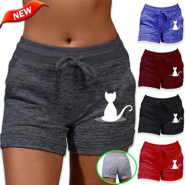 New Cute Cat Printed Shorts Women Bottoming Quick-drying Shorts Summer Sports Fitness Shorts High Waist Yoga Pants Casual Drawstring Stretch Shorts W