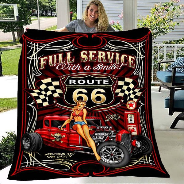 Route66 Motorcycle Girl Pattern Throw Blanket Couch Quilt Cover Travel Bedding Outlet Throw Blanket Flannel Blanket Bedspread