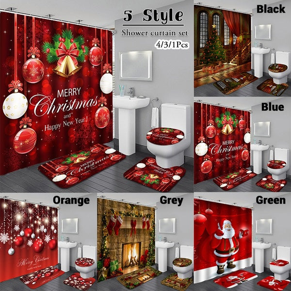 5 Style 3D Christmas Bathroom Decoration Christmas Waterproof Shower Curtain Toilet Seat Set Non-slip Absorbant Floor MATS (1-3-4Pcs)