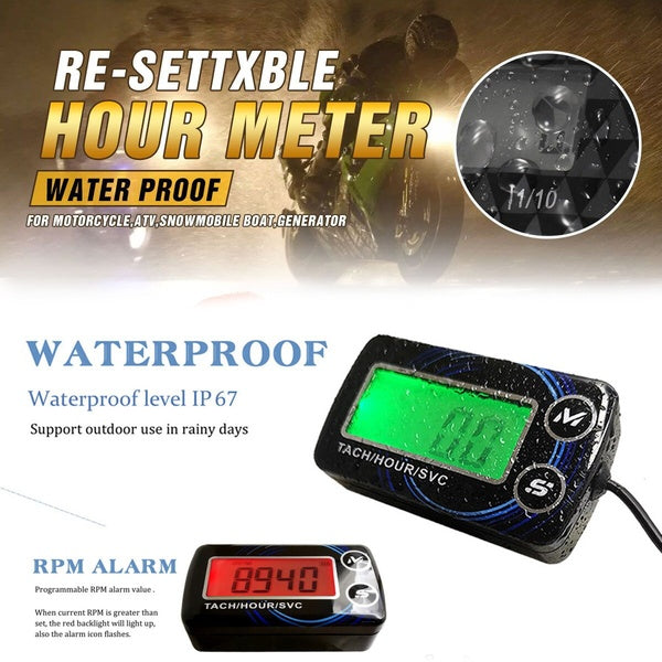 Waterproof LCD Resettable Hour Meter Counter Maintenance Reminder In Black-Red Fit Motorcycle-ATV-Motorboat-Lawn mower