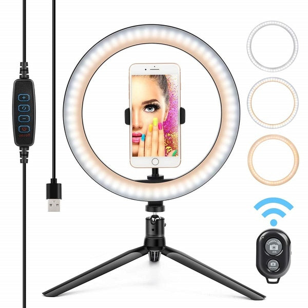 10 "Ring Light LED Desktop Selfie Ring Light USB LED Desk Camera Ringlight 3 Colors Light with Tripod Stand iPhone Cell Phone Holder and Remote Contr