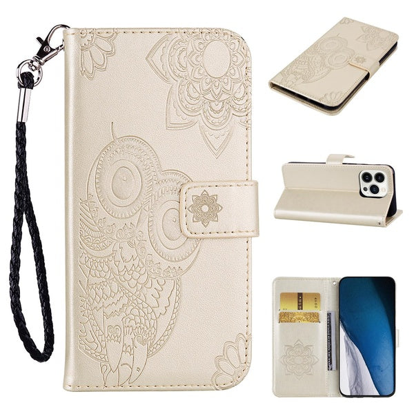 Coque pour iPhone 14, iPhone 13 Étui à rabat pour avec fente pour cartes Poches en argent gaufré Hibou doré Étui portefeuille à rabat en cuir pour iP