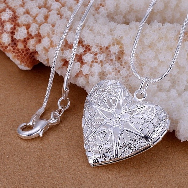 925 Sterling Silver Heart Photo Frame Pendant Snake Chain Necklace 16-18-20-22-24-26-28-30 inch for Fashion Womens Charm Wedding Fashion Exquisite Je