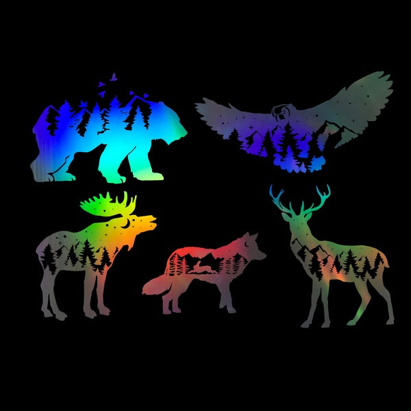 5pcs, Mountain Hunting Bear Owl Deer Moose Wolf Decal Vinyl Sticker