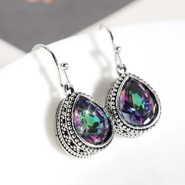 Boucles d'oreilles pendantes en topaze mystique en forme de larme plaquée argent rétro pour femmes, boucles d'oreilles décontractées quotidiennes, bi