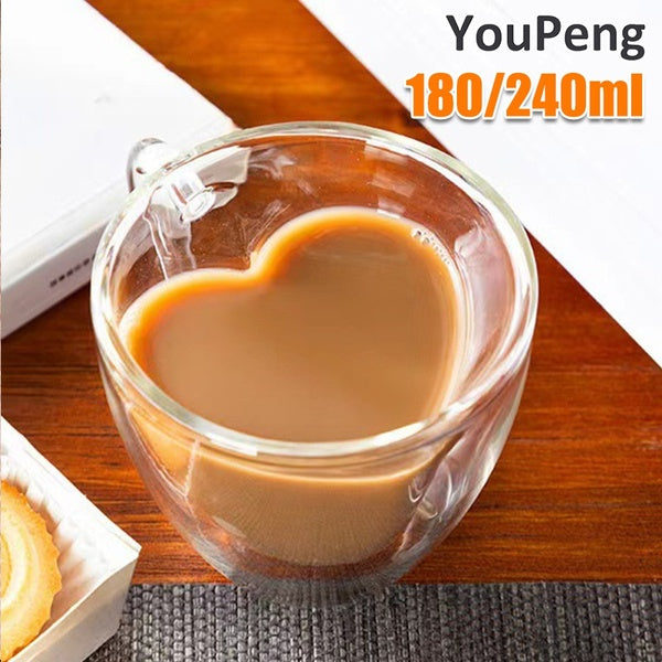 YouPeng 1-2Pcs Double Wall Heart Shaped Clear Glass Couple Glasses for Tea Coffee Beer Cocktail Bar Drinking Cup (180ml-240ml)