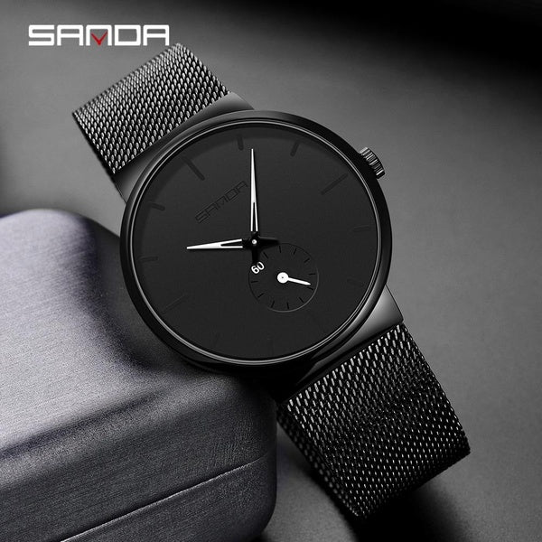 SANDA montre Ultra mince homme noir acier maille ceinture Quartz hommes montres affaires décontracté analogique étanche horloge
