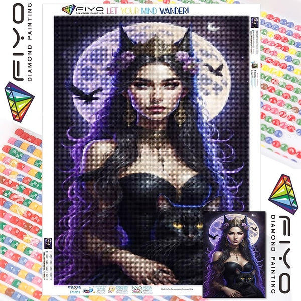 FIYO DIY 5D Witch and Cat Diamond Painting Full Drill with Number Kits Home and Kitchen Fashion Mosaic Diamond Painting Canvas Wall Decoration Gift C