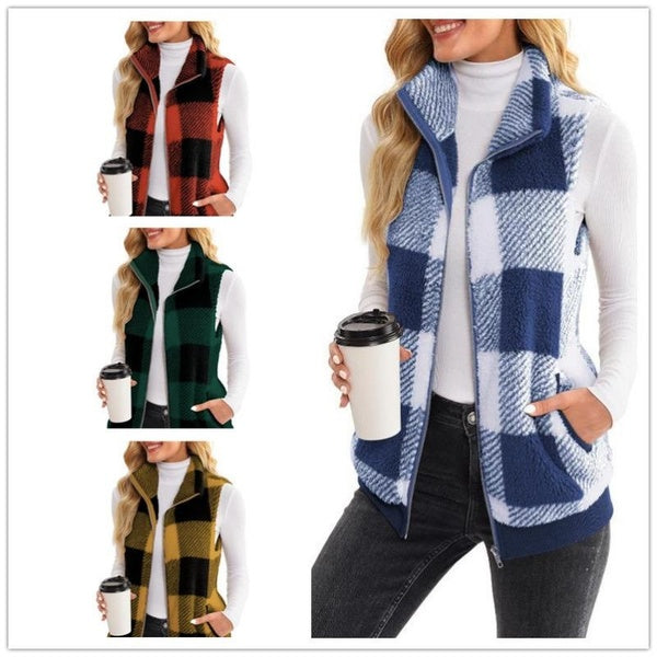 New Women's Plaid Comfortable Fleece Cardigan Tank Top Standing Collar Sleeveless Women's Vest Coat