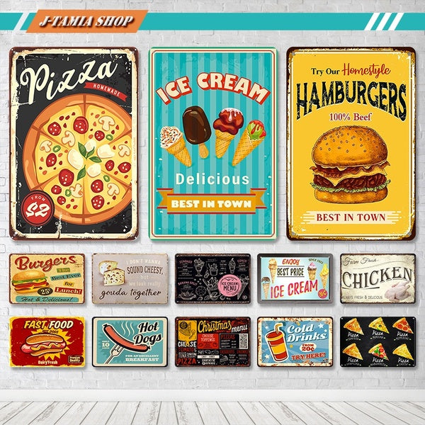Vintage Pizza Ice Cream Burgers Fast Food Kitchen Tin Sign Bar Restaurant Kitchen Store Fastfood Wall Decor Retro Metal Art Poster