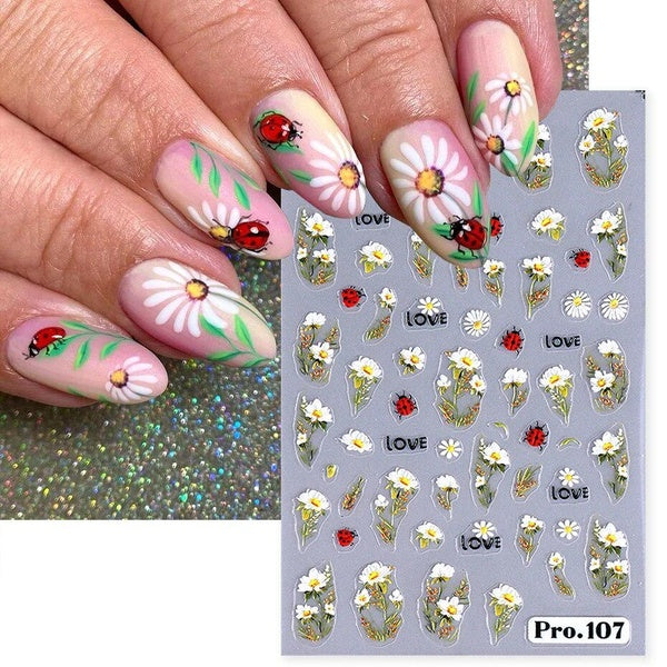 Summer Ladybug Bee Flowers Nail Stickers Sunflowers Daisy Small Floral Plant Adhesive Decal DIY Charm Manicure Foils Wraps Decor