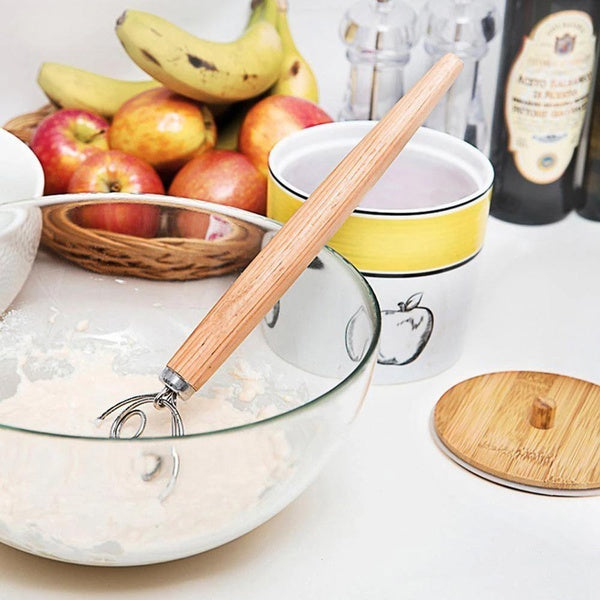 1PC 13 Inch Dough Whisk Eggs Beater Mixer Tool Oak Wood Handle Stainless Steel Blender for DIY Bread Dough Bakeware PJ 001