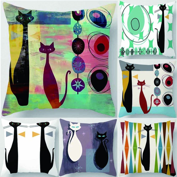 Abstract style cat printing square pillowcase, used for home decoration, car sofa cushion cover (45cm * 45cm)