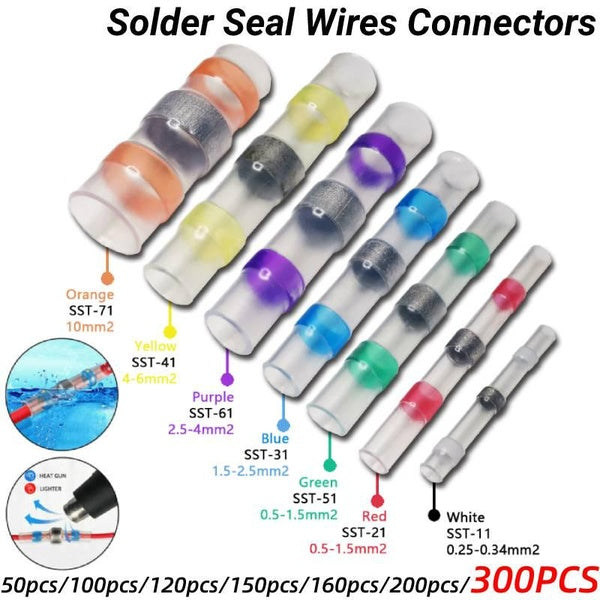 50-100-120-150-160-200-300pcs Solder Seal Wires Connectors 26-10 AWG Waterproof Heat Shrink Butt Connectors Terminal Electrical Wire Connectors