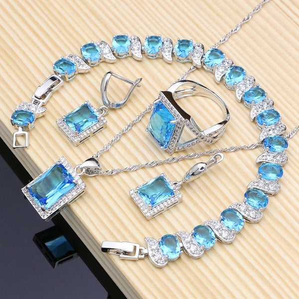 Square Sky Blue Topaz 925 Sterling Silver Jewelry Sets for Women Earrings-Pendant-Necklace-Rings-Bracelet