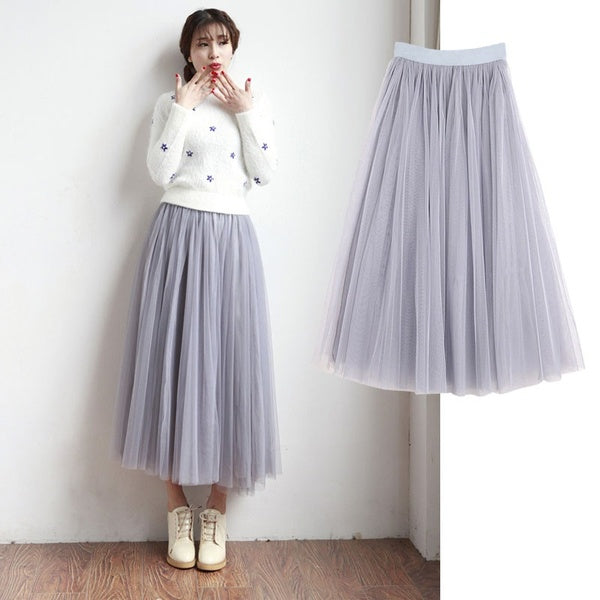 High Waist Sweet Vintage Long Skirts Womens Elastic Tulle Mesh Skirt Long Pleated Tutu Skirt Female