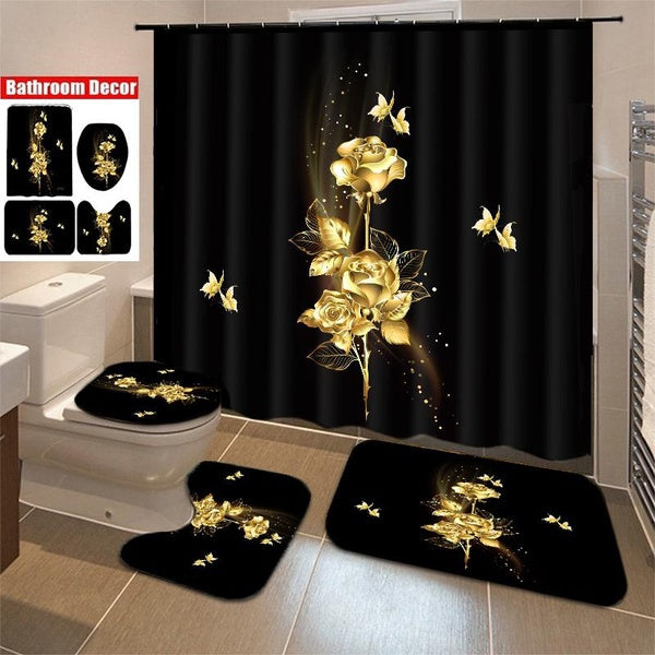 4-3-1 Pcs Gold Rose Shower Curtain Sets with Non-Slip Rug Toilet Lid Cover and Bath Mat Rose Shower Curtain with 12 Hooks Waterproof Raindrops Shower