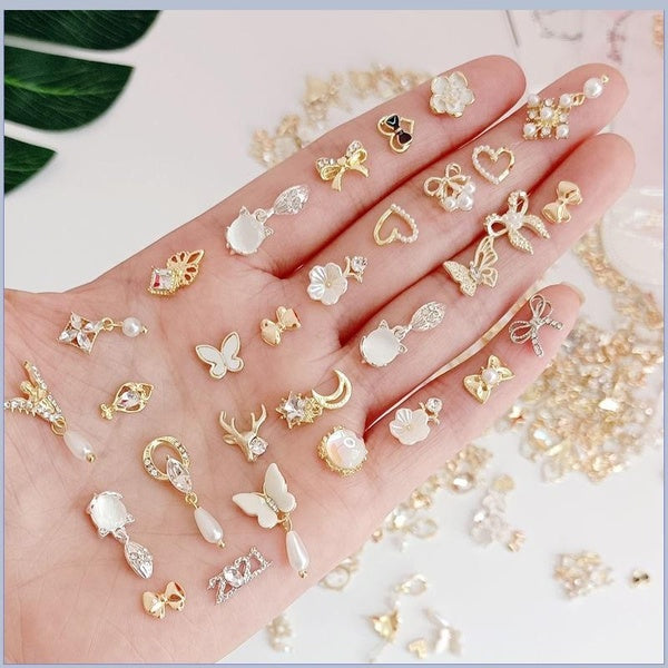Nail Art Accessories Ins Style High-end Explosive Alloy Opal Bow Nail Art Accessories Pearl Pendant Small Jewelry Nail Accesoire