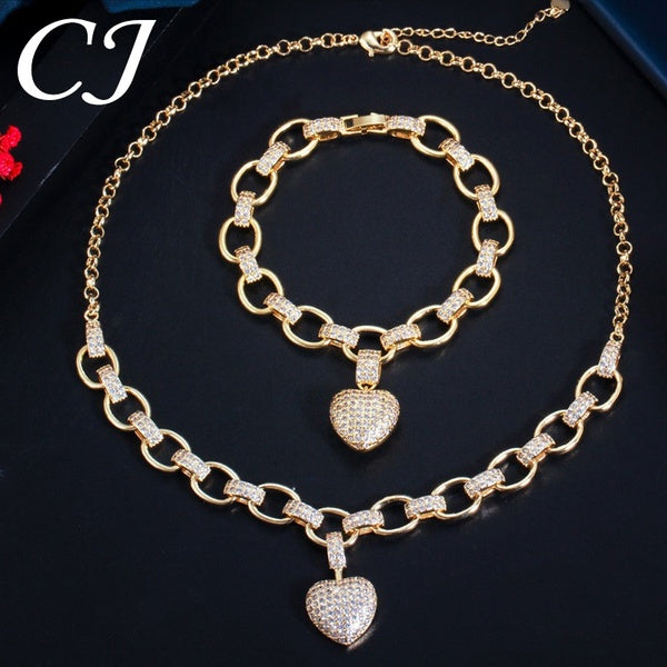 CANDICE Luxury Full Micro-pave Cubic Zircon Heart Shape Pendant Choker Necklace Bracelet for Women Dubai Gold Color Jewelry Set