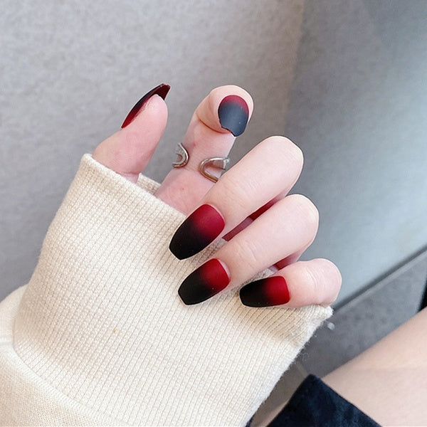 24 Pcs Black Red Gradual Long Ballerina Fake Nails Ballet Gradient Full Cover French Coffin False Nails Medium Matte Artificial Acrylic Nails with Gl
