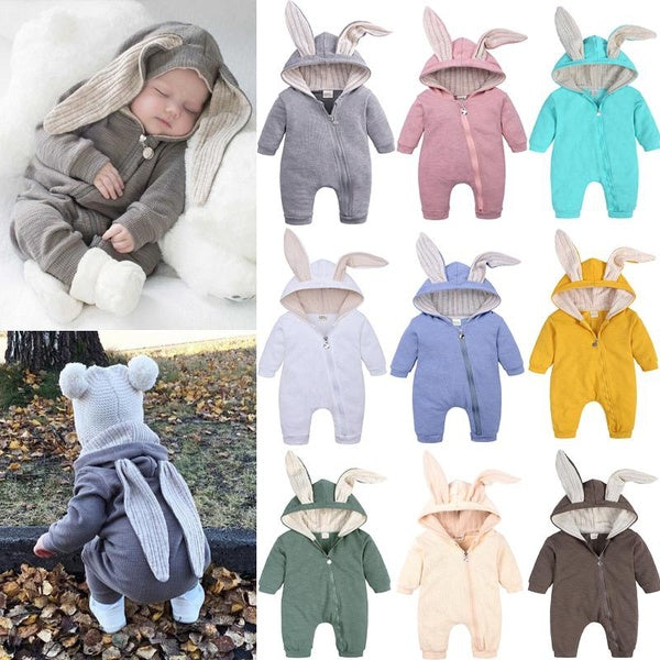 Baby Boy Girls Rabbit Hooded Rompers Infant Toddler Newborn Baby Bodysuit Clothes Long Sleeve Cotton Zippers Jumpsuit 0-24M