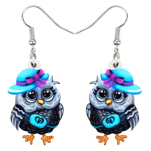 Acrylic Blue Sweet Owl Earrings Cartoon Wearing Hat Birds Charms Drop Dangle Jewelry For Women Girls Pendant Trendy Gifts