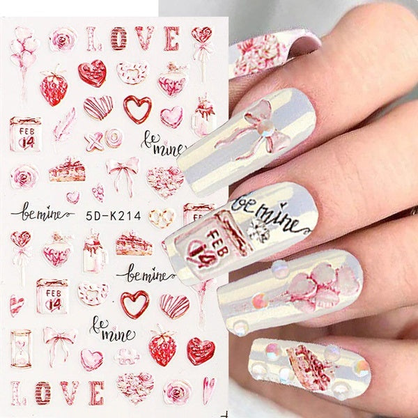 5D Valentine's Day Nail Art Stickers Retro Red Love Heart Flowers Bears Nail Charms Sliders Cute Cartoon Manicure Decors 5D-K214